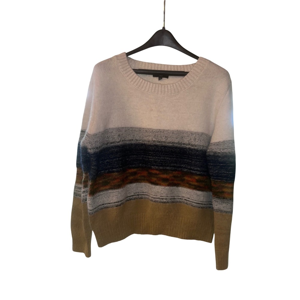 Fate Womens Multi Color Striped Knit Crew Neck Pullover Sweater Large Cream Navy
